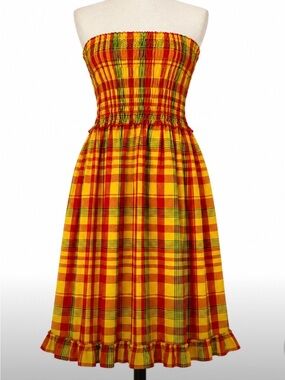 Western Summer Plaid Strapless Smocked Cotton Midi Dress Retro Festival Sundress